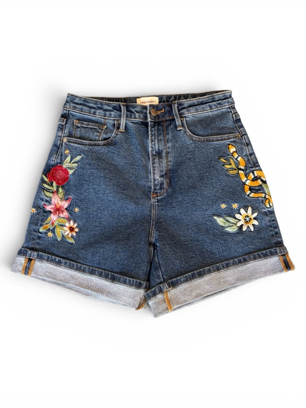 Driftwood Aria Embroidered Snake Floral Cuffed Denim Shorts Dark Wash 26 NWT